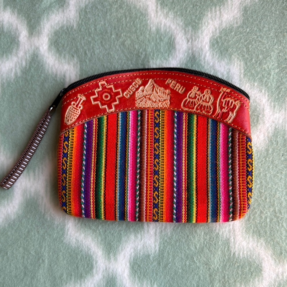 Handmade Colorful Peruvian folkart  leather and fabric pouch Clutch
